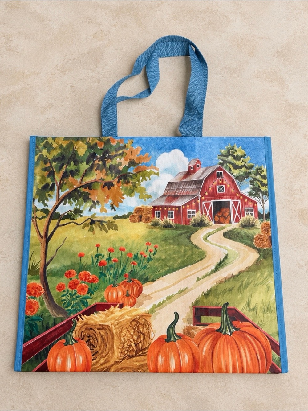 Autumn farm print reusable tote bag